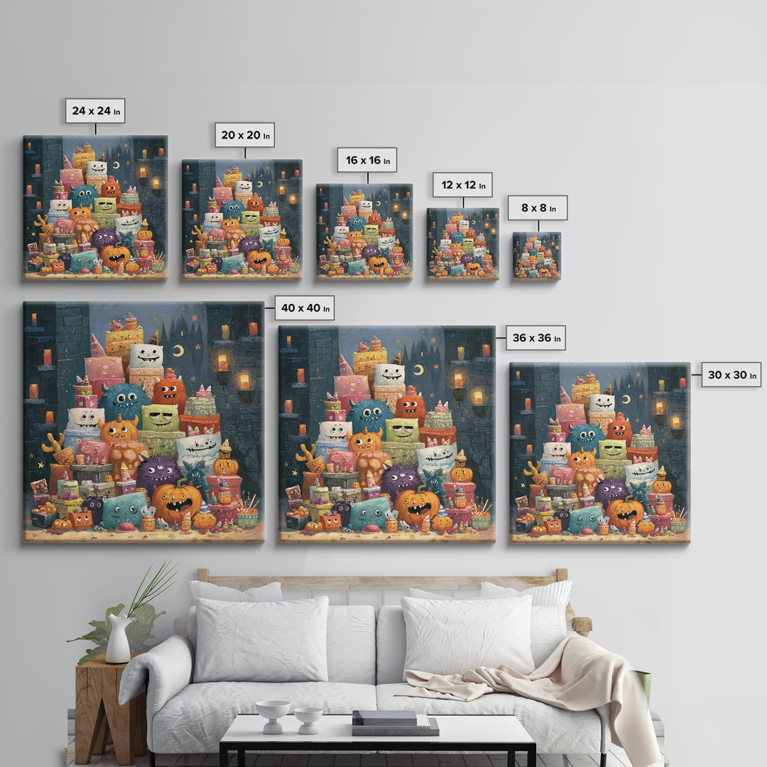 The Great Monster Pajama Party, Gouache Halloween Art, Square Wall Art, Canvas Print, Cute Halloween Wall Art
