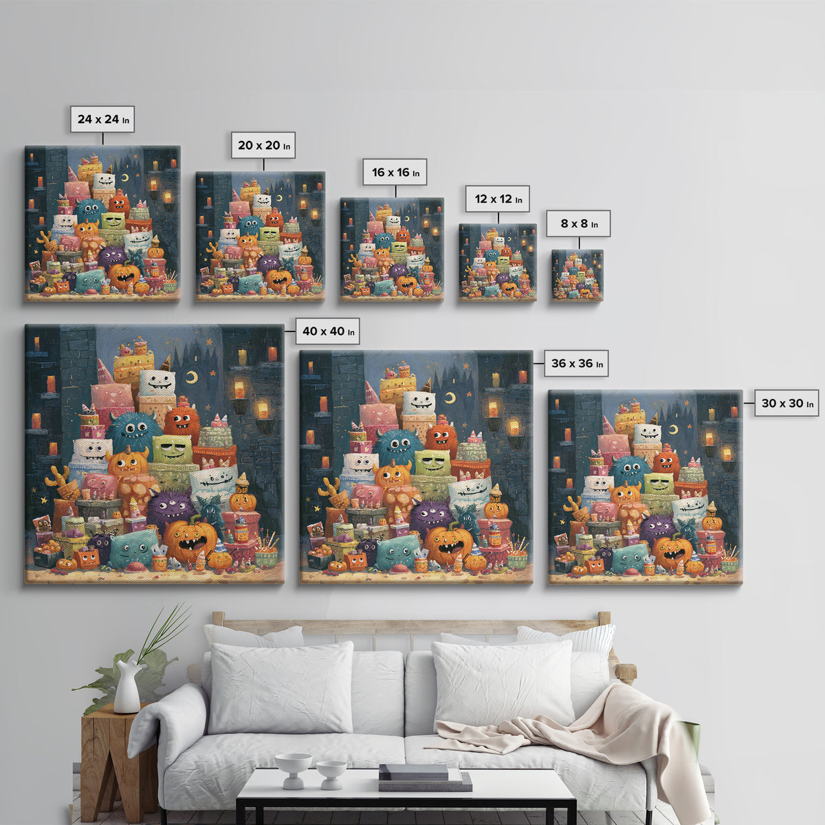 The Great Monster Pajama Party, Gouache Halloween Art, Square Wall Art, Canvas Print, Cute Halloween Wall Art