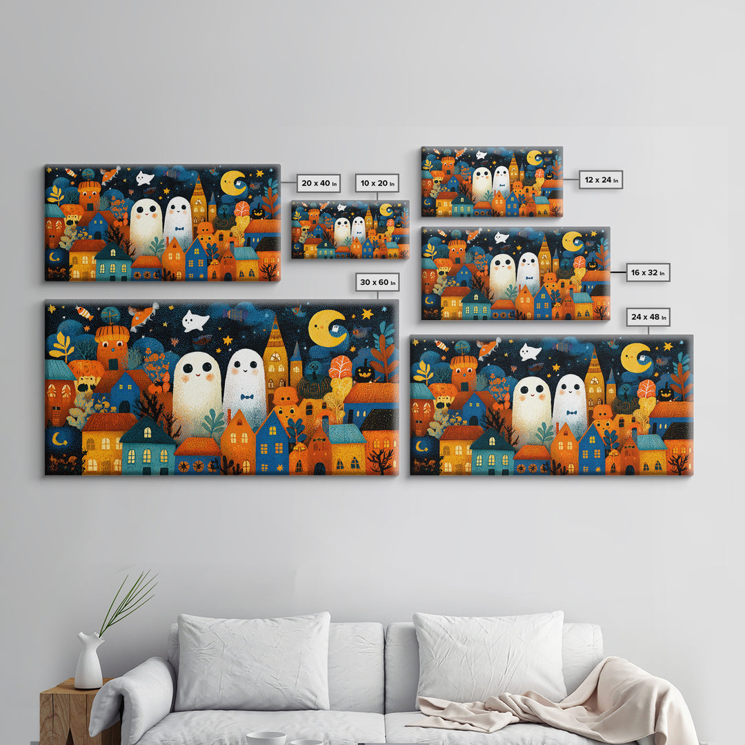 The Rainbow Halloween Night, Crayon Halloween Art, Wide Panoramic Art, Framed Canvas Print, Cute Halloween Wall Art