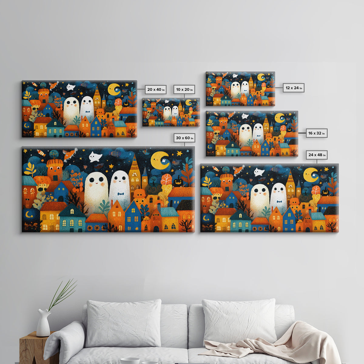 The Rainbow Halloween Night, Crayon Halloween Art, Wide Panoramic Art, Framed Canvas Print, Cute Halloween Wall Art