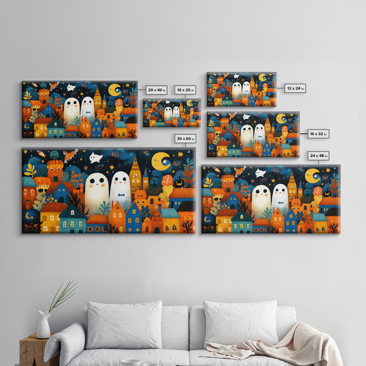 The Rainbow Halloween Night, Crayon Halloween Art, Wide Panoramic Art, Framed Canvas Print, Cute Halloween Wall Art