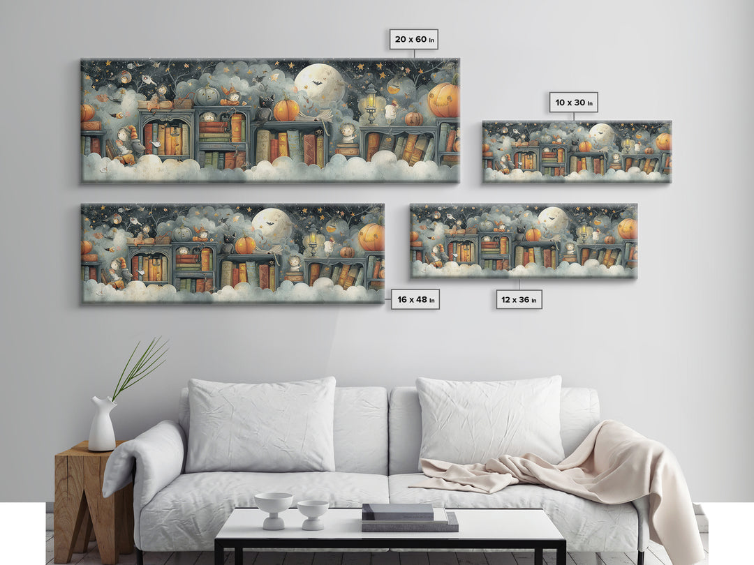 The Enchanted Halloween Library, Pastel Halloween Art, Extra Wide Wall Art, Canvas Print, Cute Halloween Wall Art