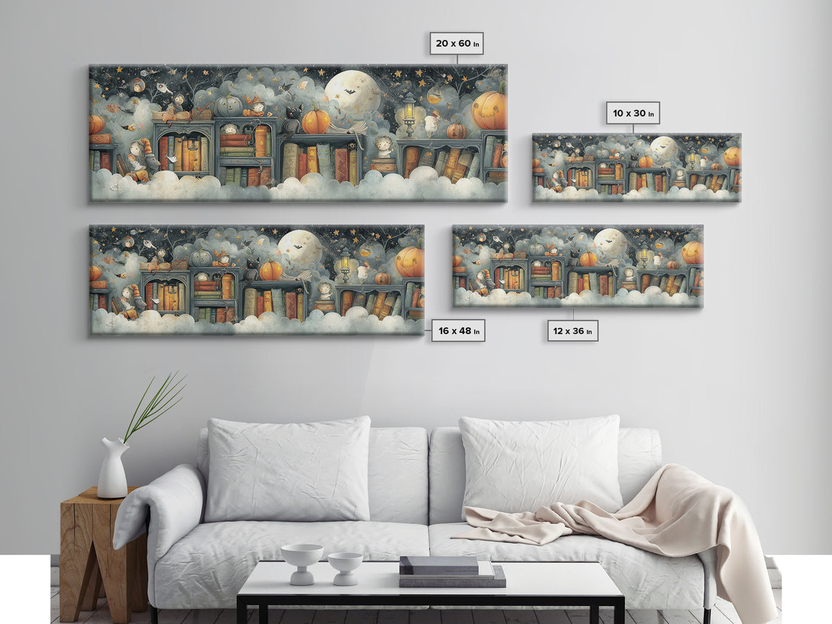 The Enchanted Halloween Library, Pastel Halloween Art, Extra Wide Wall Art, Canvas Print, Cute Halloween Wall Art