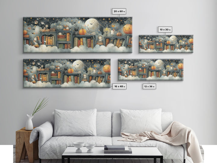 The Enchanted Halloween Library, Pastel Halloween Art, Extra Wide Wall Art, Canvas Print, Cute Halloween Wall Art