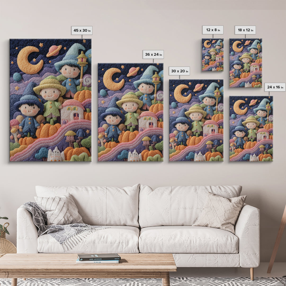 The Parade Across The Stars, Felt Halloween Art, Vertical Wall Art, Canvas Print, Cute Halloween Wall Art