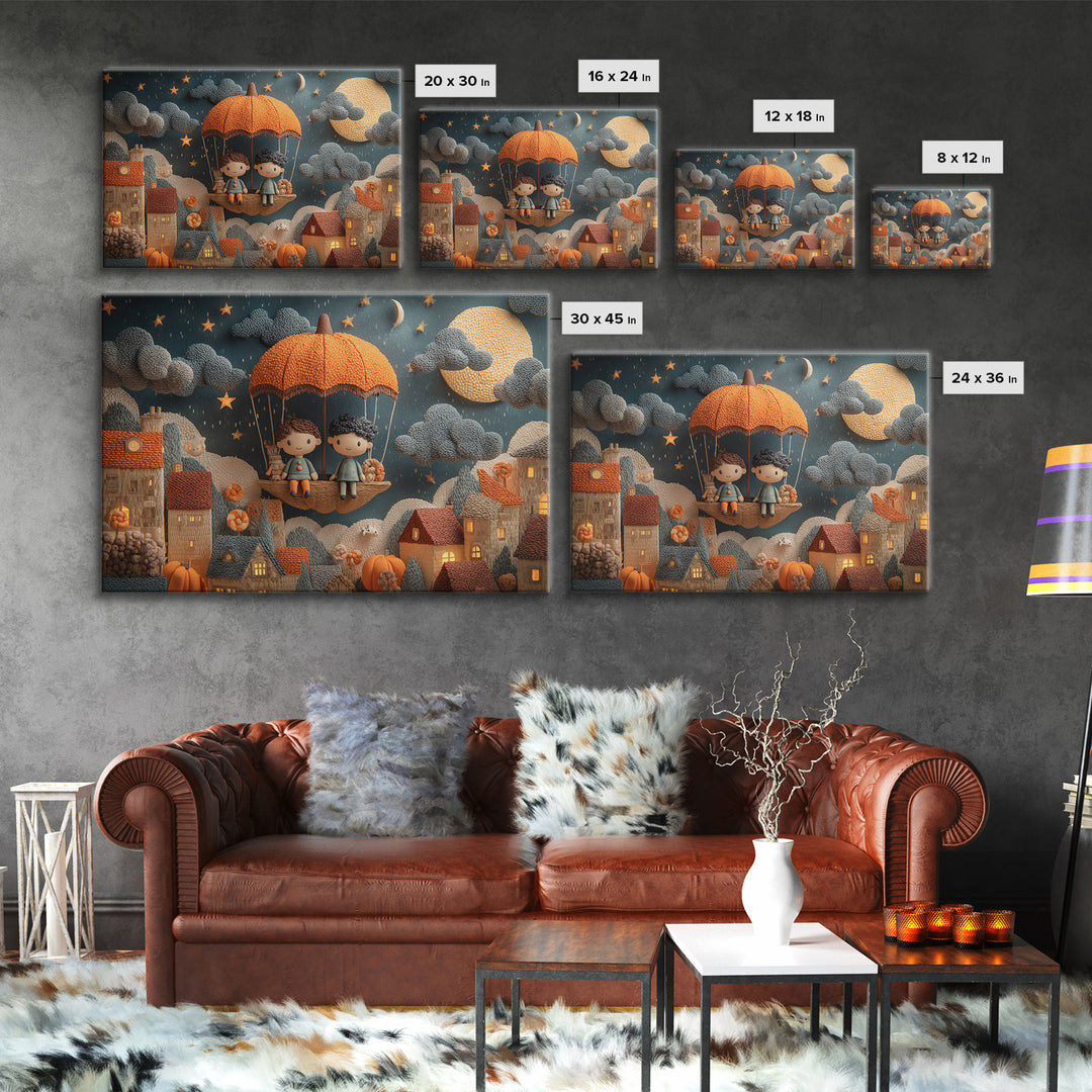 The Enchanted Umbrella Adventure, Clay Halloween Art, Landscape Wall Art, Framed Canvas Print, Cute Halloween Wall Art