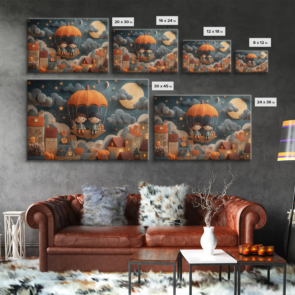 The Enchanted Umbrella Adventure, Clay Halloween Art, Landscape Wall Art, Framed Canvas Print, Cute Halloween Wall Art