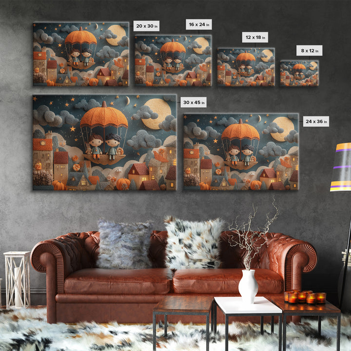 The Enchanted Umbrella Adventure, Clay Halloween Art, Landscape Wall Art, Framed Canvas Print, Cute Halloween Wall Art