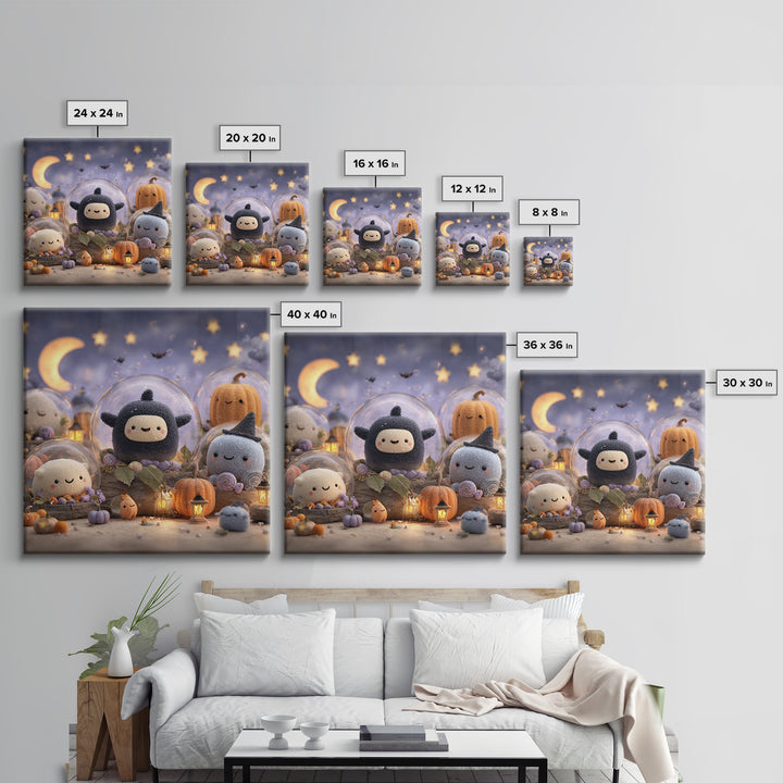 The Halloween Bubble Village, Plush Halloween Art, Square Wall Art, Canvas Print, Cute Halloween Wall Art