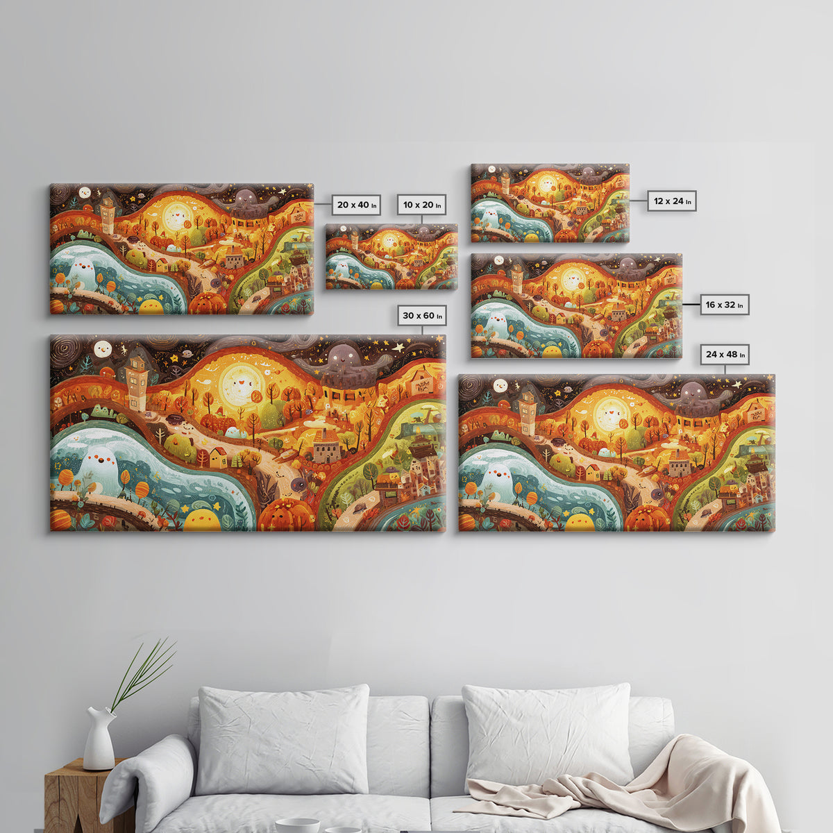 The World Inside A Lantern, Kawaii Halloween Art, Wide Panoramic Art, Framed Canvas Print, Cute Halloween Wall Art