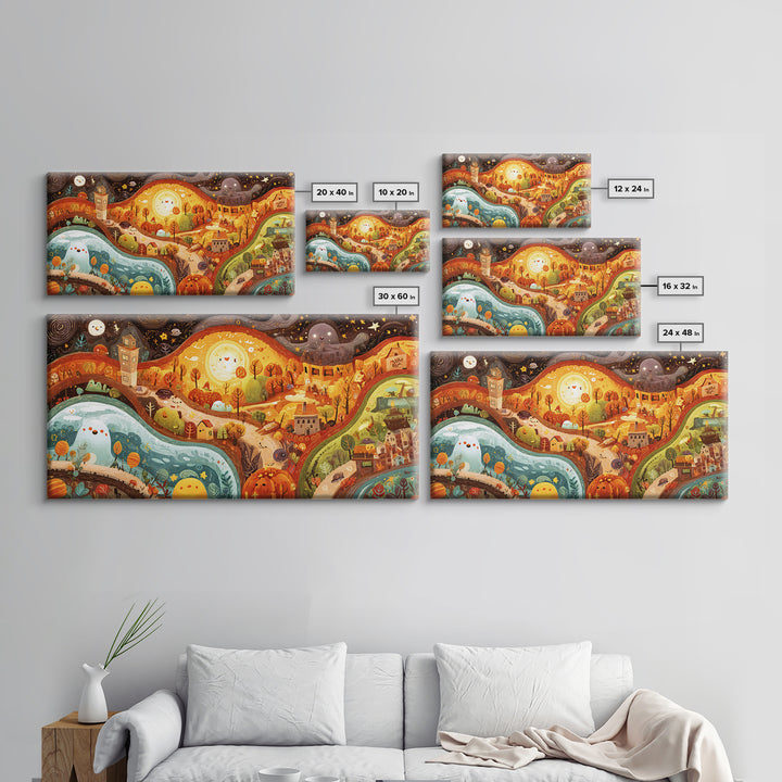The World Inside A Lantern, Kawaii Halloween Art, Wide Panoramic Art, Framed Canvas Print, Cute Halloween Wall Art