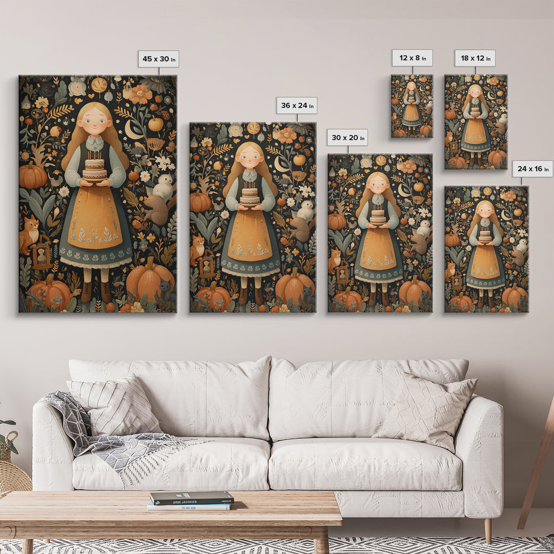 October'S Birthday Party, Folk Halloween Art, Vertical Wall Art, Canvas Print, Cute Halloween Wall Art