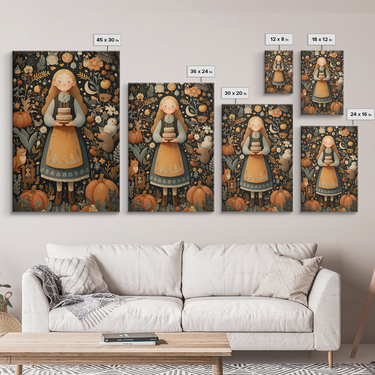 October'S Birthday Party, Folk Halloween Art, Vertical Wall Art, Canvas Print, Cute Halloween Wall Art