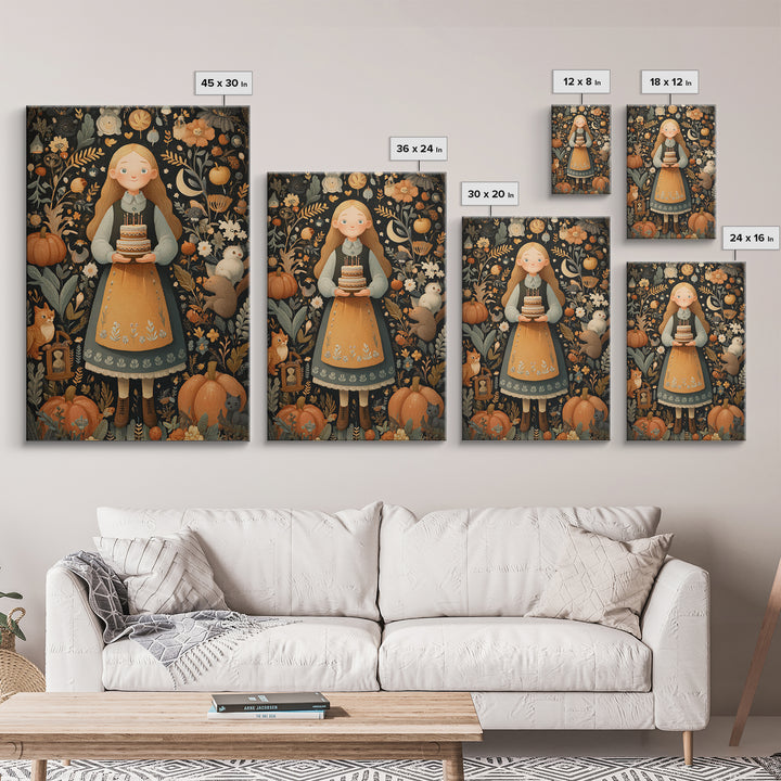 October'S Birthday Party, Folk Halloween Art, Vertical Wall Art, Canvas Print, Cute Halloween Wall Art
