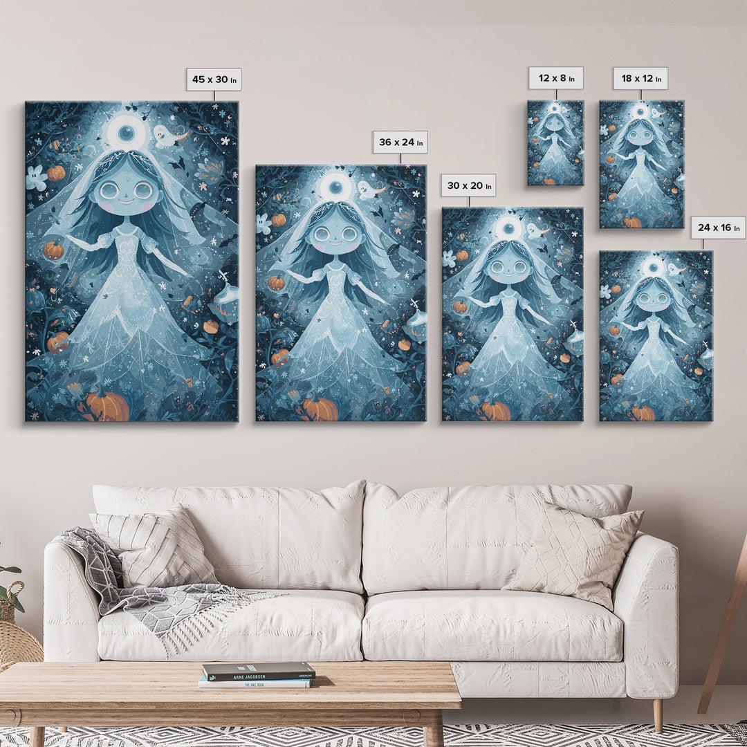 The Bride Of The Abyssal Moon, Pixel Halloween Art, Vertical Wall Art, Canvas Print, Cute Halloween Wall Art
