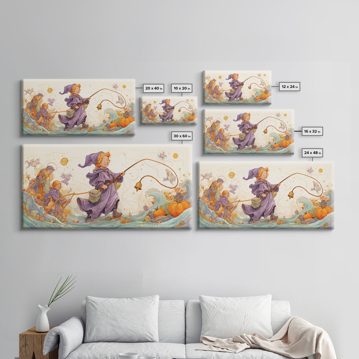 The Bellringer Of The Sunken Cathedral, Watercolor Halloween Art, Wide Panoramic Art, Framed Canvas Print, Cute Halloween Wall Art