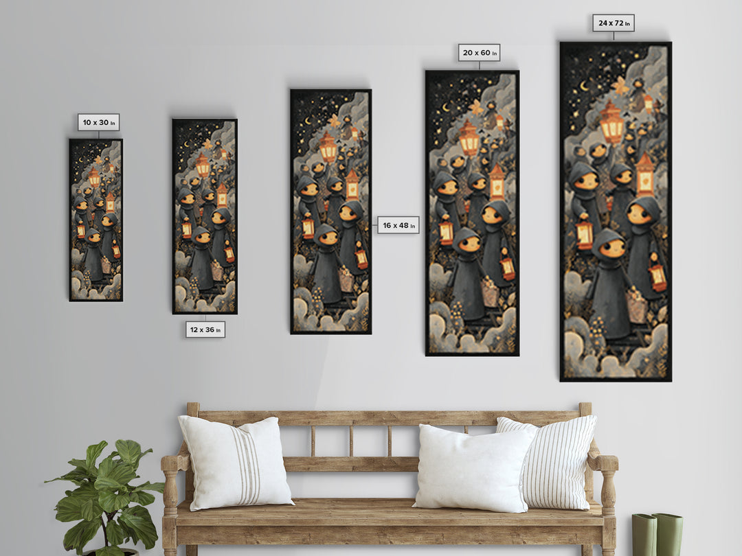 The Innsmouth Lantern Procession, Crayon Halloween Art, Tall Narrow Wall Art, Framed Canvas Print, Cute Halloween Wall Art
