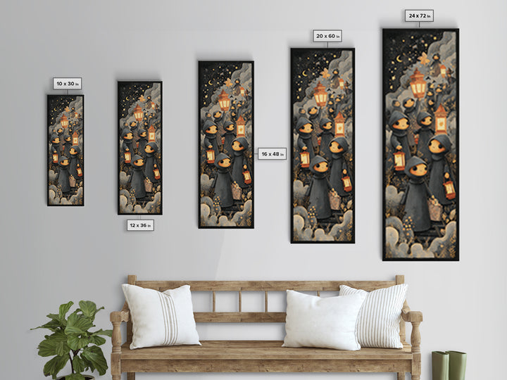 The Innsmouth Lantern Procession, Crayon Halloween Art, Tall Narrow Wall Art, Framed Canvas Print, Cute Halloween Wall Art