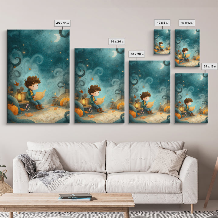 The Mapmaker Of Impossible Shores, Pastel Halloween Art, Vertical Wall Art, Canvas Print, Cute Halloween Wall Art