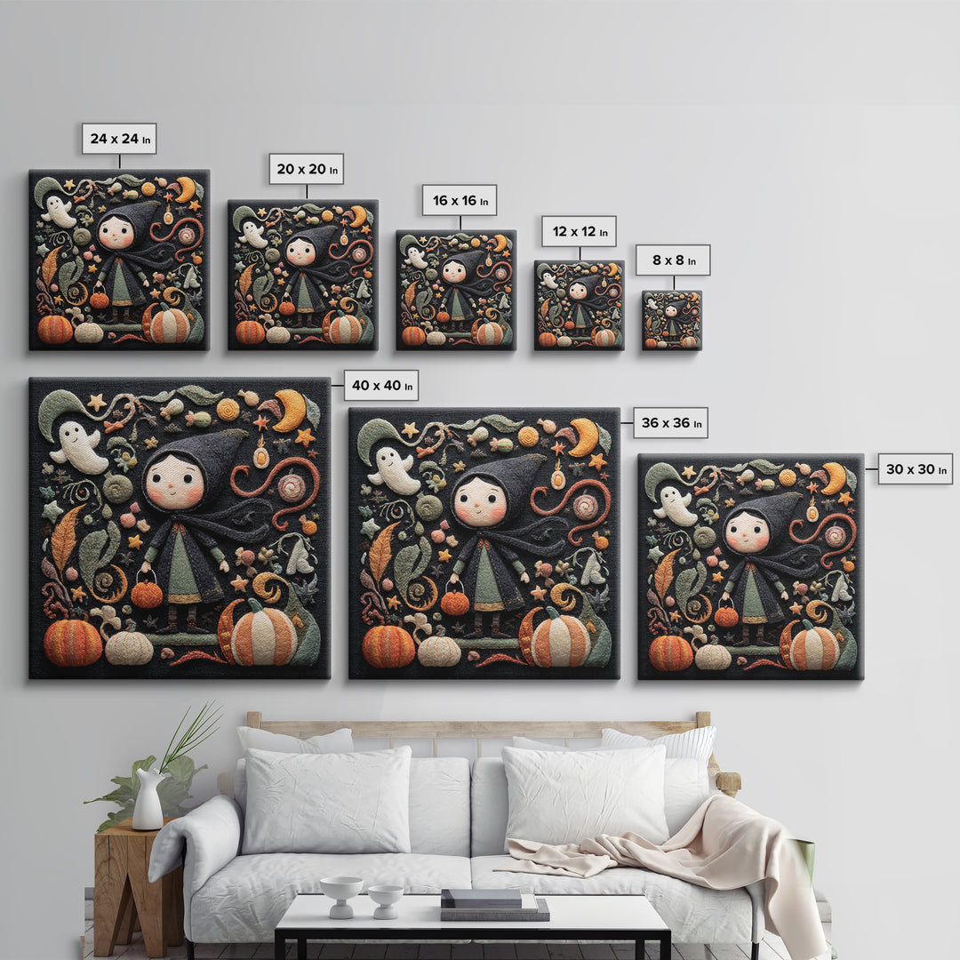 The Widow Of The Whispering Comet, Felt Halloween Art, Square Wall Art, Canvas Print, Cute Halloween Wall Art