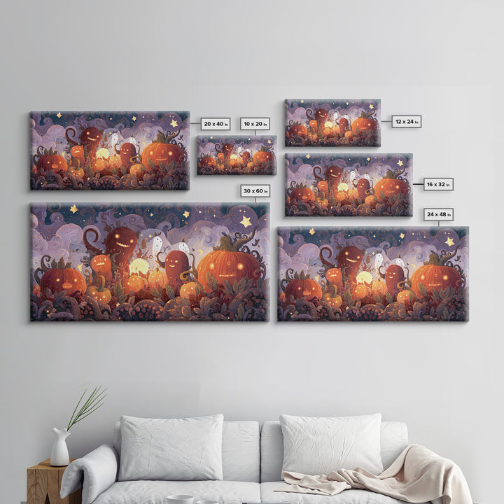 The Harvest Of The Eldritch Field, Clay Halloween Art, Wide Panoramic Art, Framed Canvas Print, Cute Halloween Wall Art
