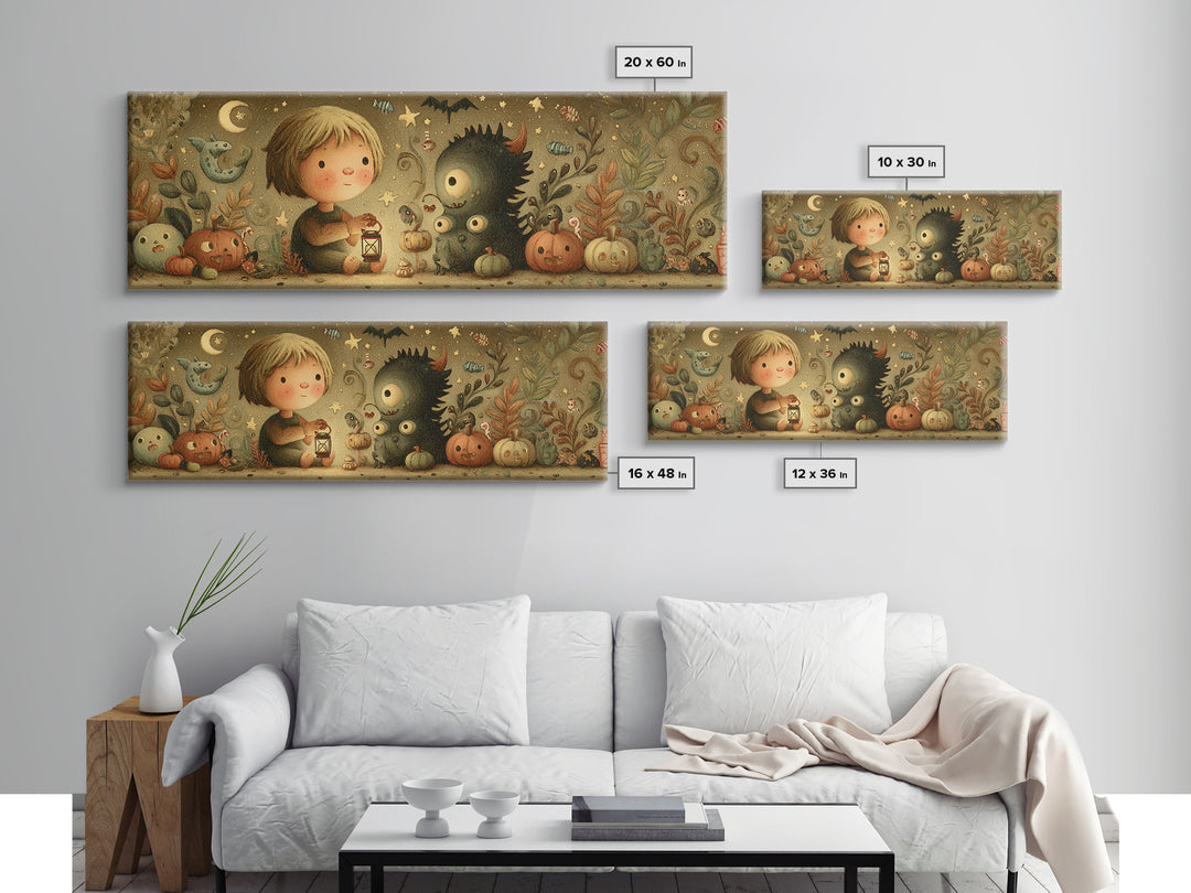 The Child Who Caught A Moon-Spawn, Plush Halloween Art, Extra Wide Wall Art, Canvas Print, Cute Halloween Wall Art