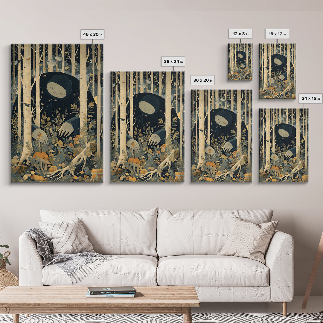 The Sleeper In The Birch Grove, Retro Halloween Art, Vertical Wall Art, Canvas Print, Cute Halloween Wall Art