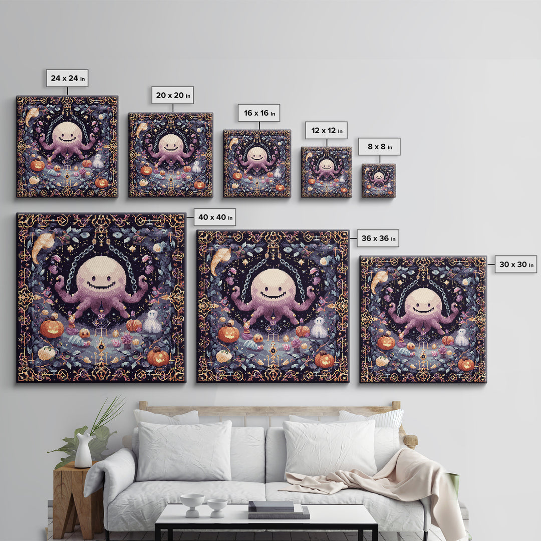 The Moonlit Shoggoth Menagerie, Pixel Halloween Art, Square Wall Art, Canvas Print, Cute Halloween Wall Art