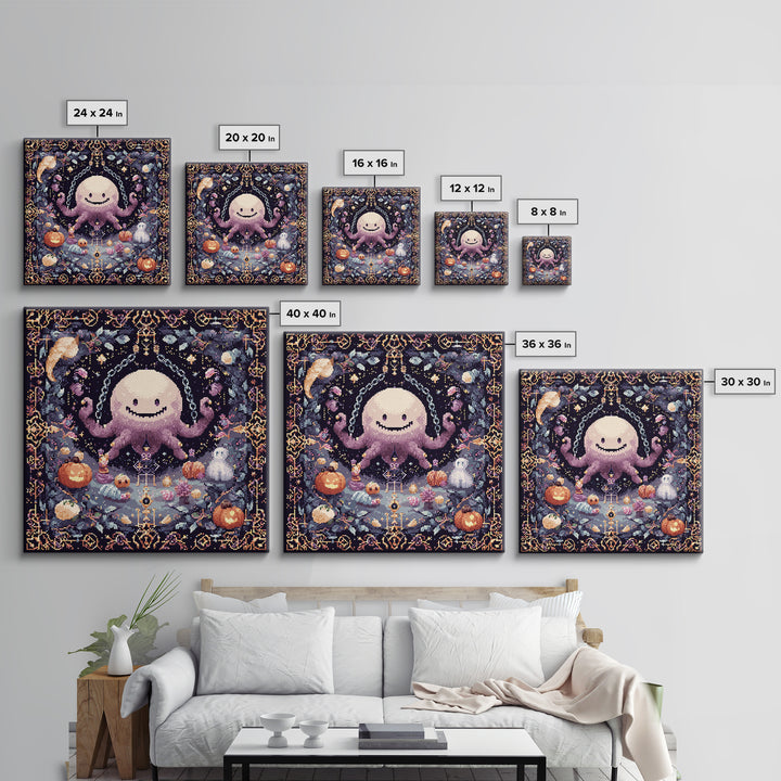 The Moonlit Shoggoth Menagerie, Pixel Halloween Art, Square Wall Art, Canvas Print, Cute Halloween Wall Art