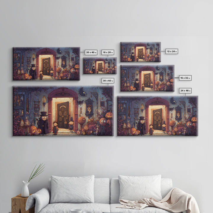 The Thirteenth Door Of Arkham House, Vector Halloween Art, Wide Panoramic Art, Framed Canvas Print, Cute Halloween Wall Art