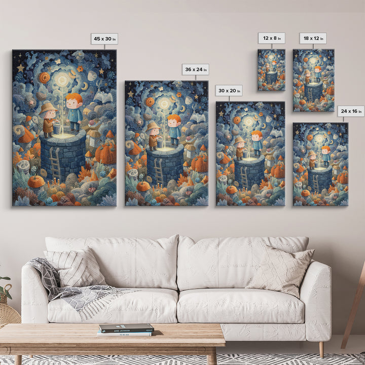The Dreamwell Beneath Miskatonic, Gouache Halloween Art, Vertical Wall Art, Canvas Print, Cute Halloween Wall Art