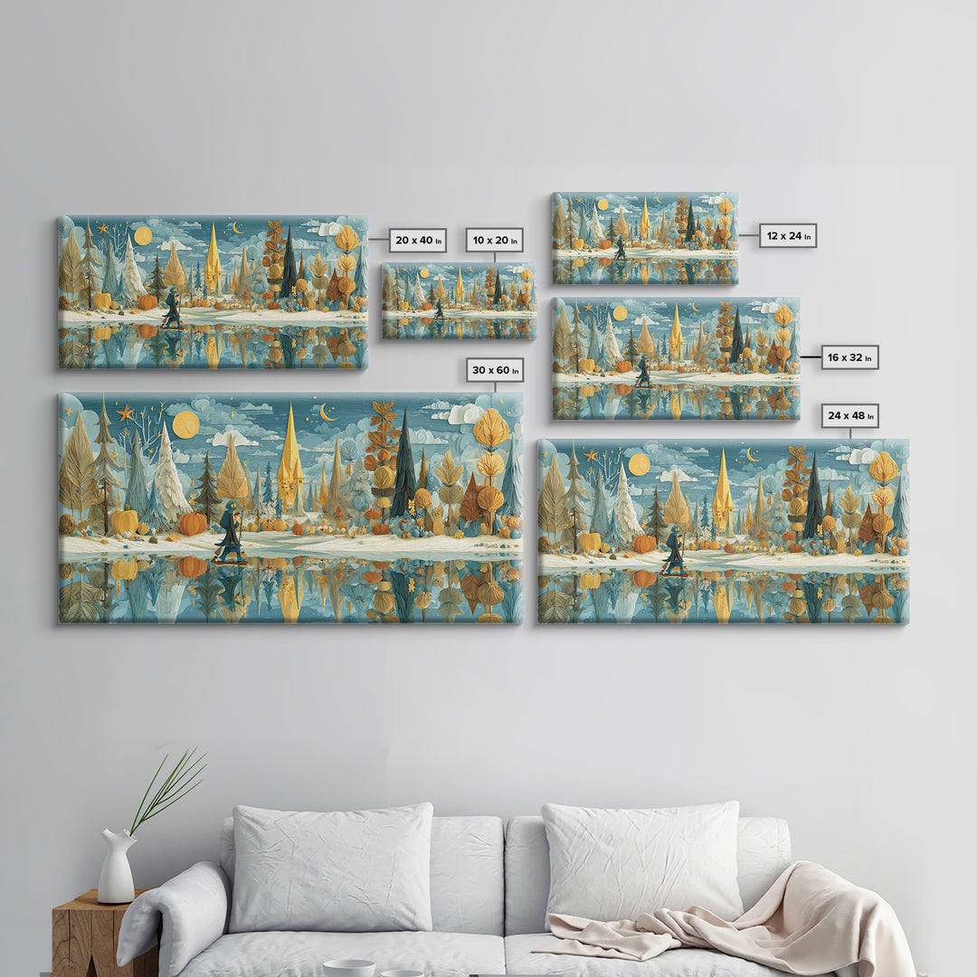 The Frost Beyond Carcosa, Paper Collage Halloween, Wide Panoramic Art, Framed Canvas Print, Cute Halloween Wall Art