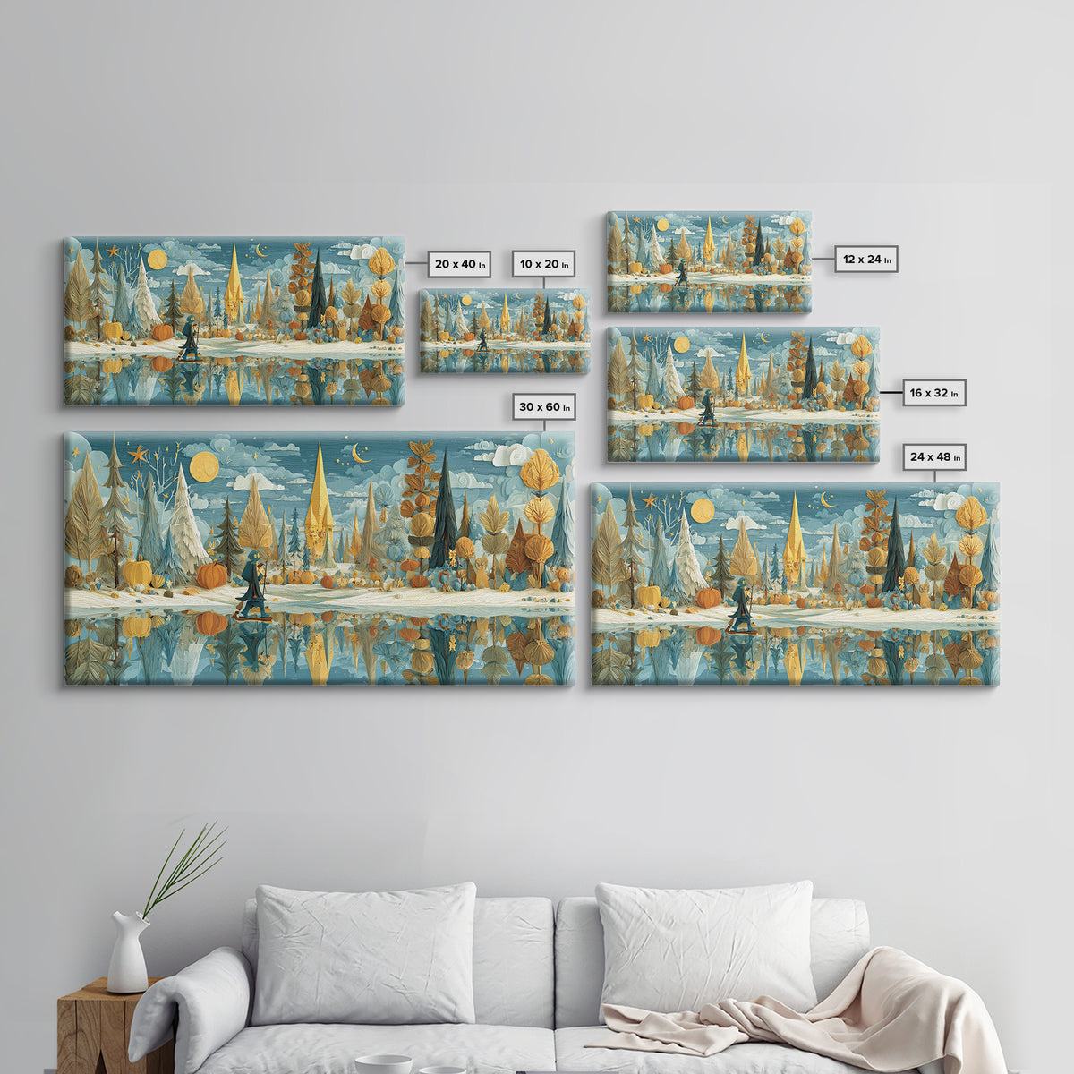 The Frost Beyond Carcosa, Paper Collage Halloween, Wide Panoramic Art, Framed Canvas Print, Cute Halloween Wall Art