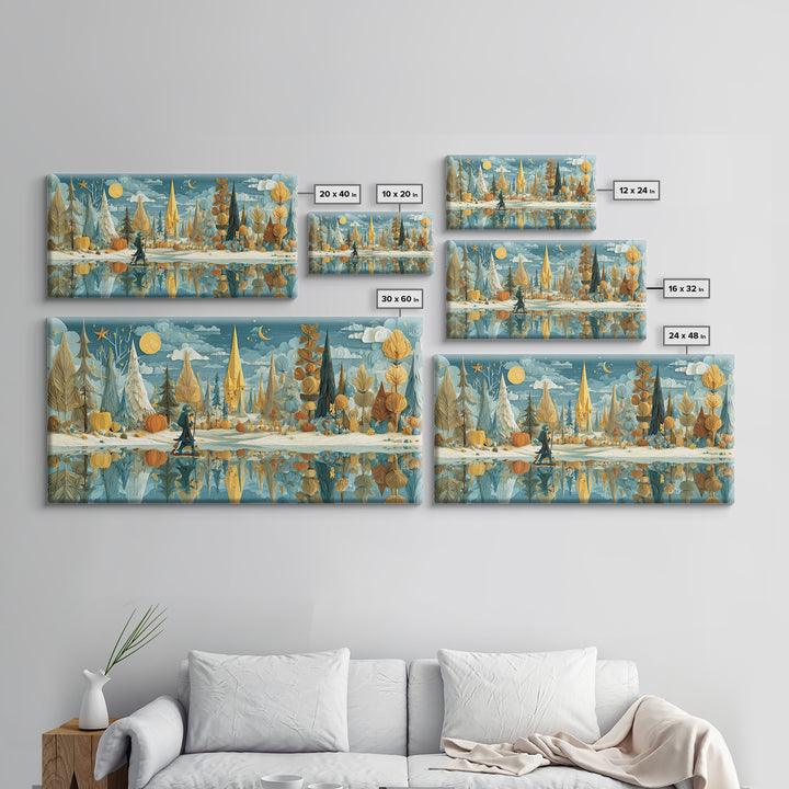 The Frost Beyond Carcosa, Paper Collage Halloween, Wide Panoramic Art, Framed Canvas Print, Cute Halloween Wall Art