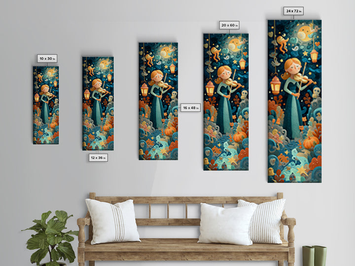 The Violinist Of The Drowned Moon, Clay Halloween Art, Tall Narrow Wall Art, Framed Canvas Print, Cute Halloween Wall Art