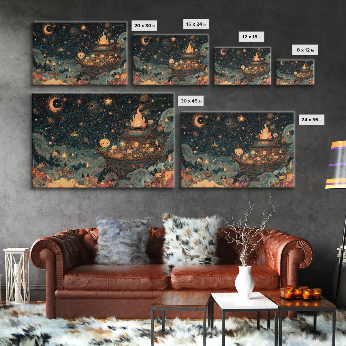 The Candelit Ark Of Forgotten Stars, Kawaii Halloween Art, Landscape Wall Art, Framed Canvas Print, Cute Halloween Wall Art