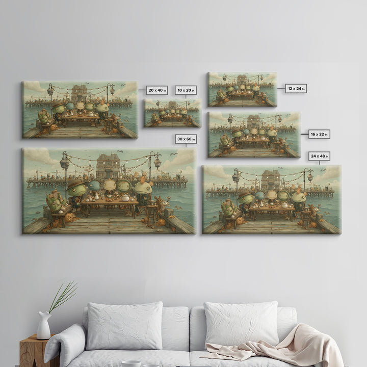 The Tea Party At Innsmouth Pier, Screenprint Halloween Art, Wide Panoramic Art, Framed Canvas Print, Cute Halloween Wall Art