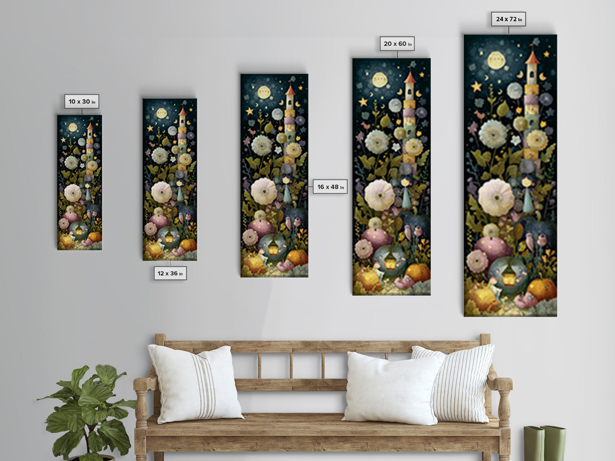 The Garden Of The Eyeless Moon, Linocut Halloween Art, Tall Narrow Wall Art, Framed Canvas Print, Cute Halloween Wall Art