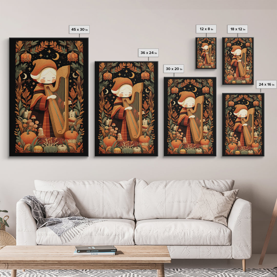 The Harpist Of Abyssal Sleep, Embroidered Halloween Art, Vertical Wall Art, Canvas Print, Cute Halloween Wall Art