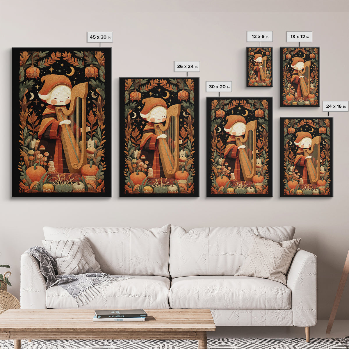 The Harpist Of Abyssal Sleep, Embroidered Halloween Art, Vertical Wall Art, Canvas Print, Cute Halloween Wall Art