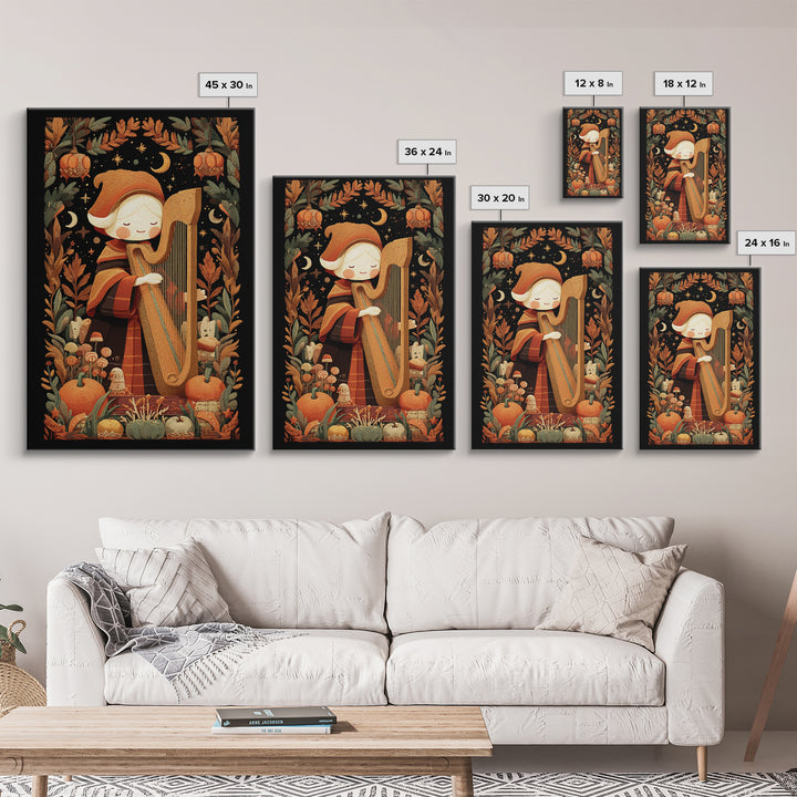 The Harpist Of Abyssal Sleep, Embroidered Halloween Art, Vertical Wall Art, Canvas Print, Cute Halloween Wall Art