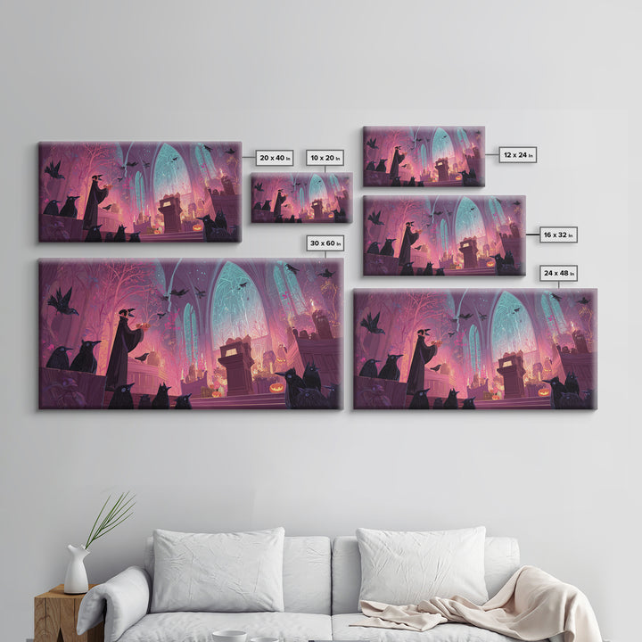 The Raven Sermon Of Leng, Vaporwave Halloween Art, Wide Panoramic Art, Framed Canvas Print, Cute Halloween Wall Art