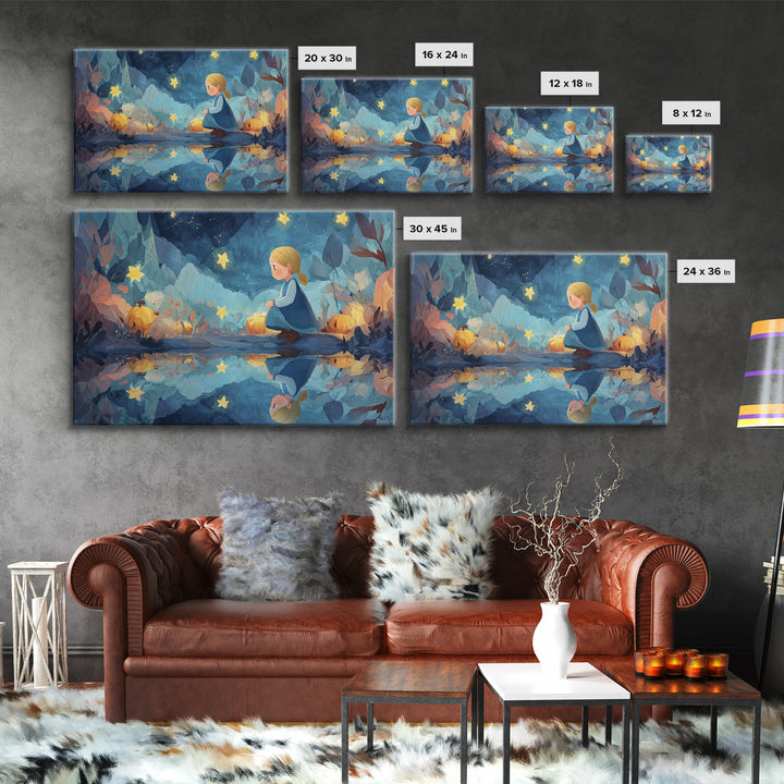 The Mirror Lake Of Lost Constellations, Watercolor Halloween Art, Landscape Wall Art, Framed Canvas Print, Cute Halloween Wall Art