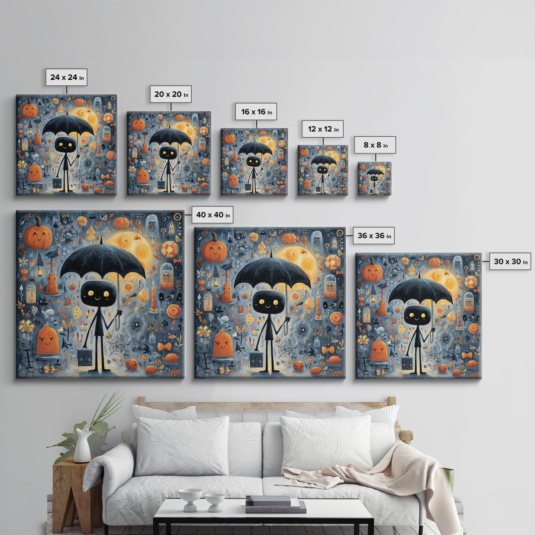 The Umbrella Of The Outer Rain, Gouache Halloween Art, Square Wall Art, Canvas Print, Cute Halloween Wall Art