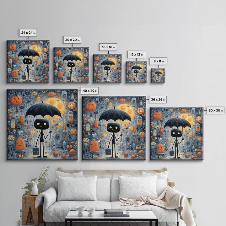 The Umbrella Of The Outer Rain, Gouache Halloween Art, Square Wall Art, Canvas Print, Cute Halloween Wall Art