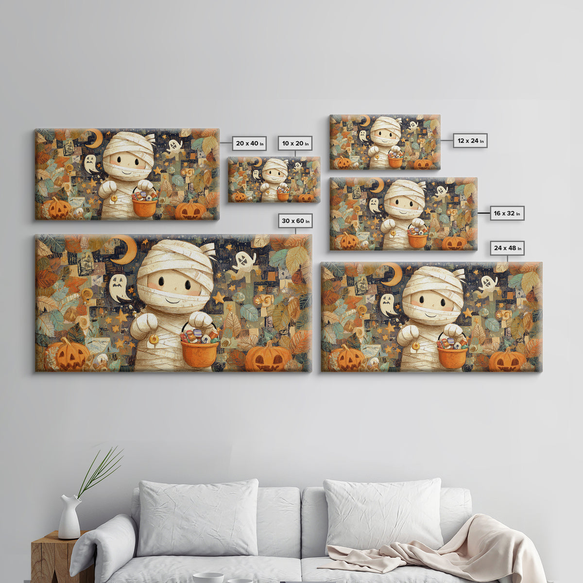 The Shy Little Mummy, Crayon Halloween Art, Wide Panoramic Art, Framed Canvas Print, Cute Halloween Wall Art
