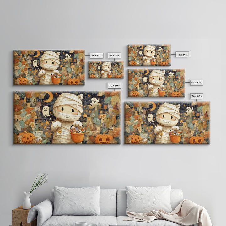 The Shy Little Mummy, Crayon Halloween Art, Wide Panoramic Art, Framed Canvas Print, Cute Halloween Wall Art