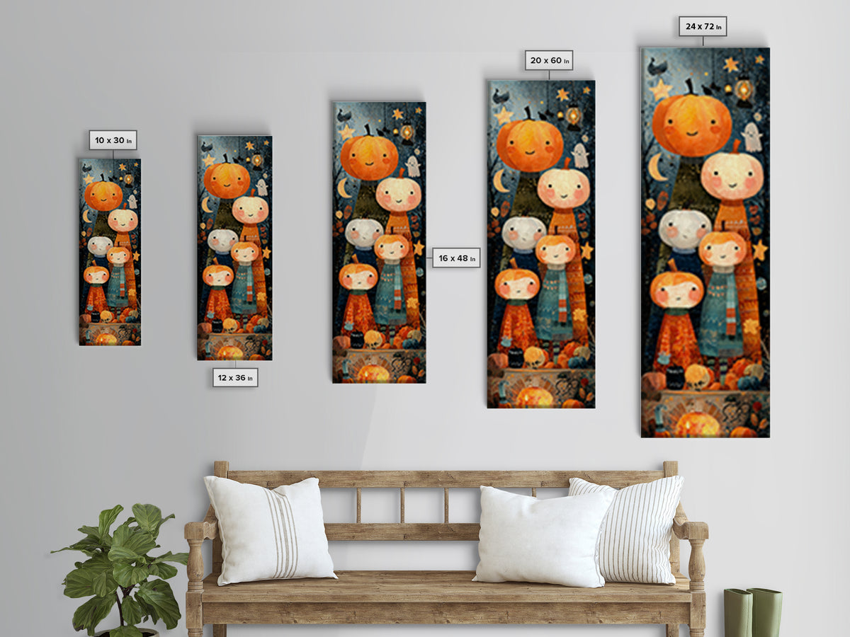 The Pumpkin Family Portrait, Paper Collage Halloween, Tall Narrow Wall Art, Framed Canvas Print, Cute Halloween Wall Art