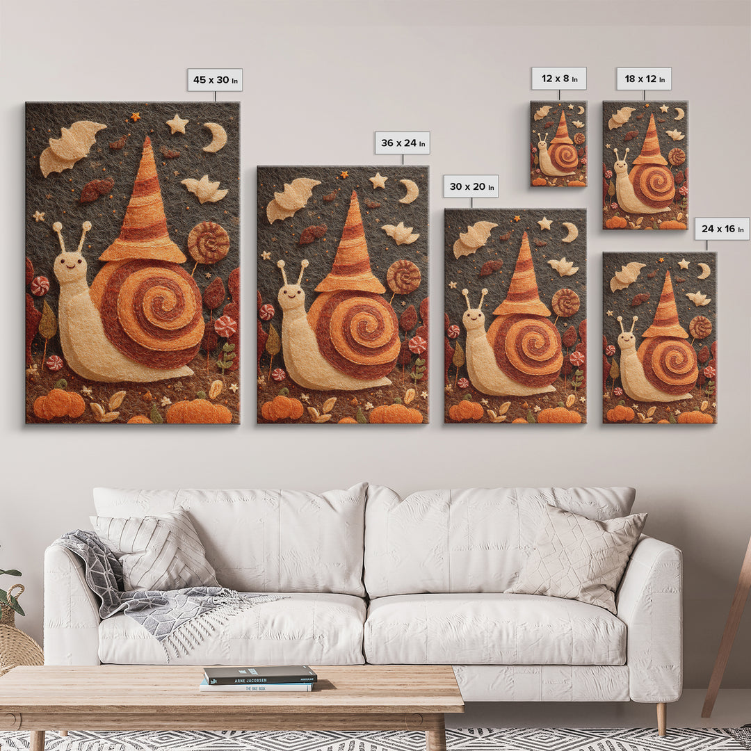 The Cinnamon-Roll Snail Witch, Felt Halloween Art, Vertical Wall Art, Canvas Print, Cute Halloween Wall Art