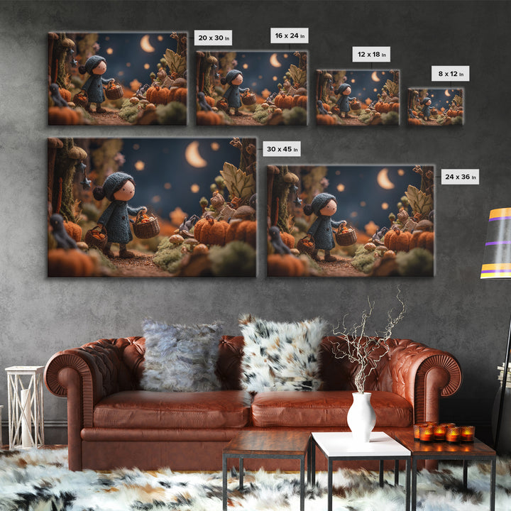The Moonlit Scavenger Hunt, Clay Halloween Art, Landscape Wall Art, Framed Canvas Print, Cute Halloween Wall Art